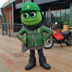 Forest Green Paella mascot costume character dressed with a Biker Jacket and Pocket squares