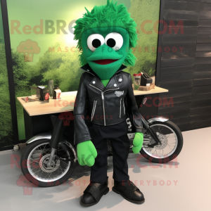 Forest Green Paella mascot costume character dressed with a Biker Jacket and Pocket squares