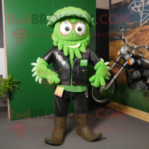 Forest Green Paella mascot costume character dressed with a Biker Jacket and Pocket squares