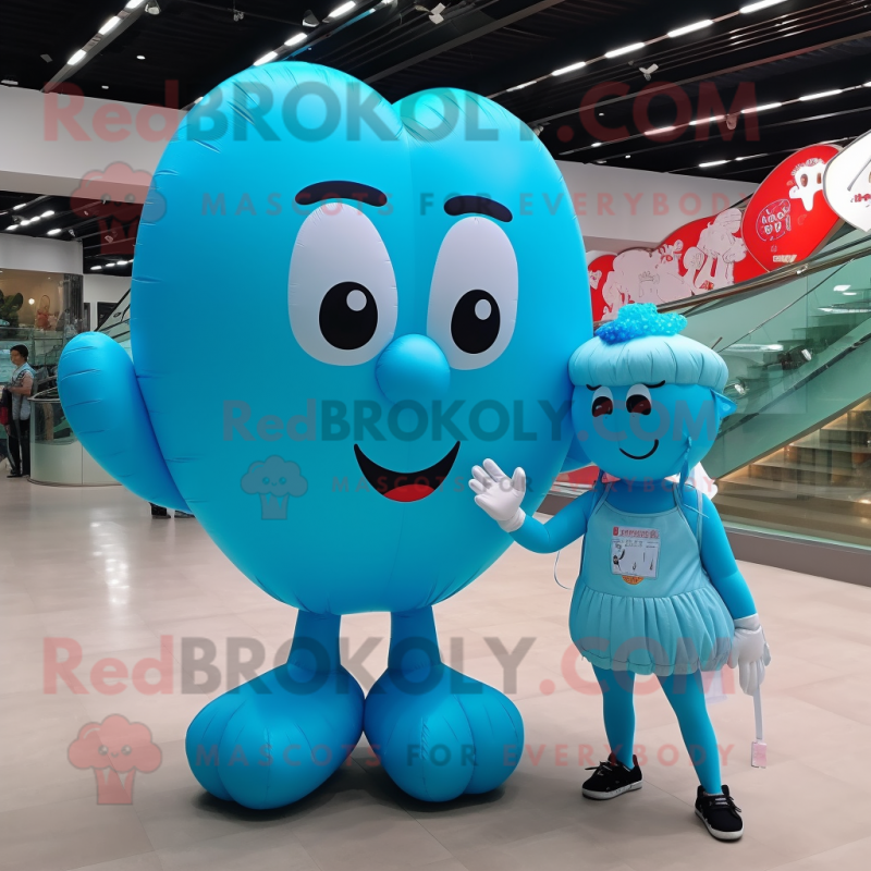 Cyan Heart Shaped Balloons mascot costume character dressed with a Mini Skirt and Messenger bags