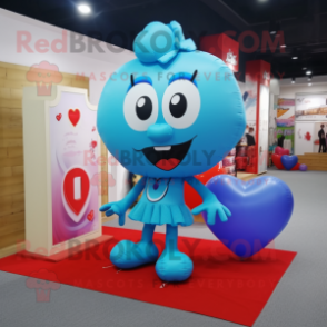 Cyan Heart Shaped Balloons mascot costume character dressed with a Mini Skirt and Messenger bags