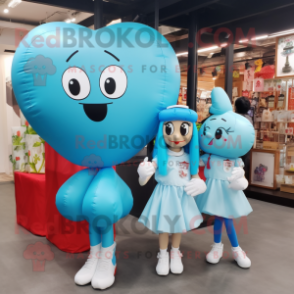 Cyan Heart Shaped Balloons mascot costume character dressed with a Mini Skirt and Messenger bags