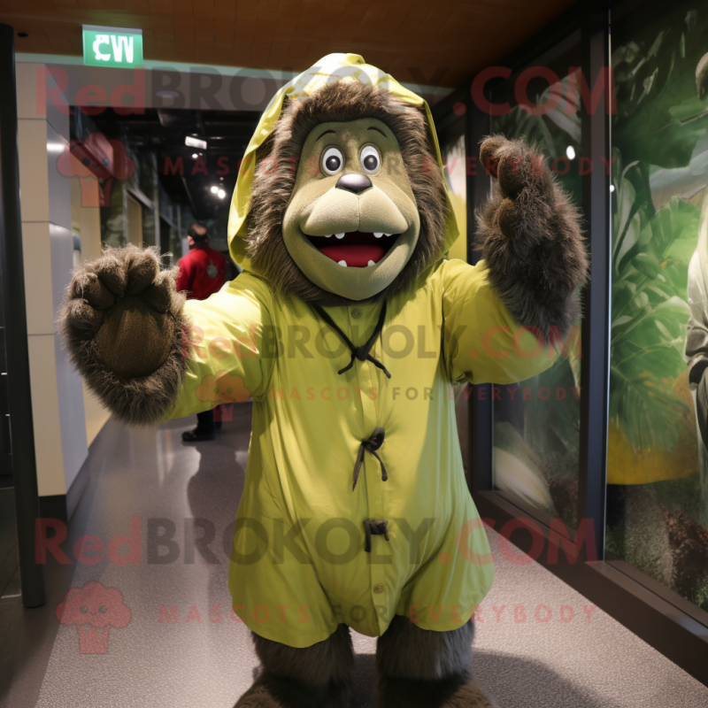 Olive Gorilla mascot costume character dressed with a Raincoat and Mittens