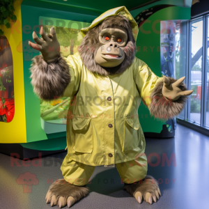 Olive Gorilla mascot costume character dressed with a Raincoat and Mittens