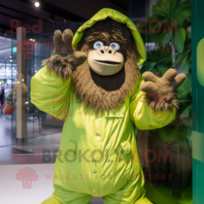 Olive Gorilla mascot costume character dressed with a Raincoat and Mittens