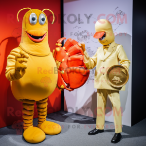 Gold Lobster Bisque mascot costume character dressed with a Dress Shirt and Coin purses