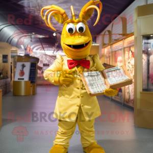 Gold Lobster Bisque mascot costume character dressed with a Dress Shirt and Coin purses