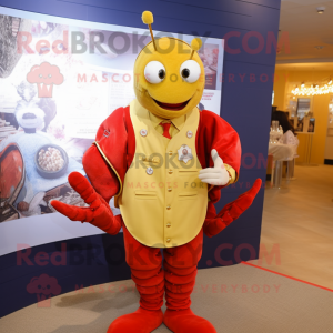 Gold Lobster Bisque mascot costume character dressed with a Dress Shirt and Coin purses