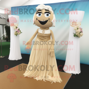 Beige Pad Thai mascot costume character dressed with a Wedding Dress and Shoe clips