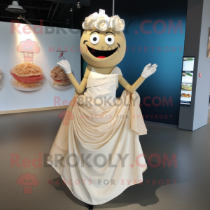 Beige Pad Thai mascot costume character dressed with a Wedding Dress and Shoe clips