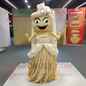 Beige Pad Thai mascot costume character dressed with a Wedding Dress and Shoe clips