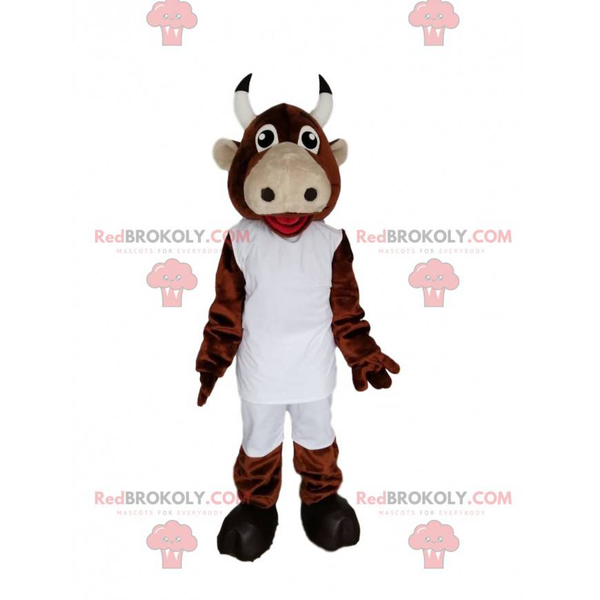 Bruine koe mascotte met witte sportkleding - Redbrokoly.com