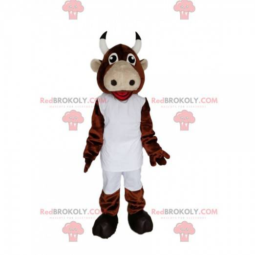 Mascotte de vache marron avec une tenue de sport blanche -