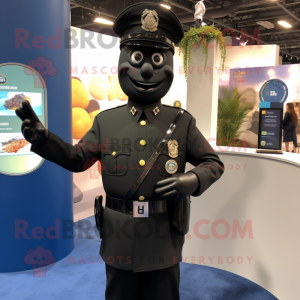 Black Police Officer mascot costume character dressed with a Coat and Tie pins