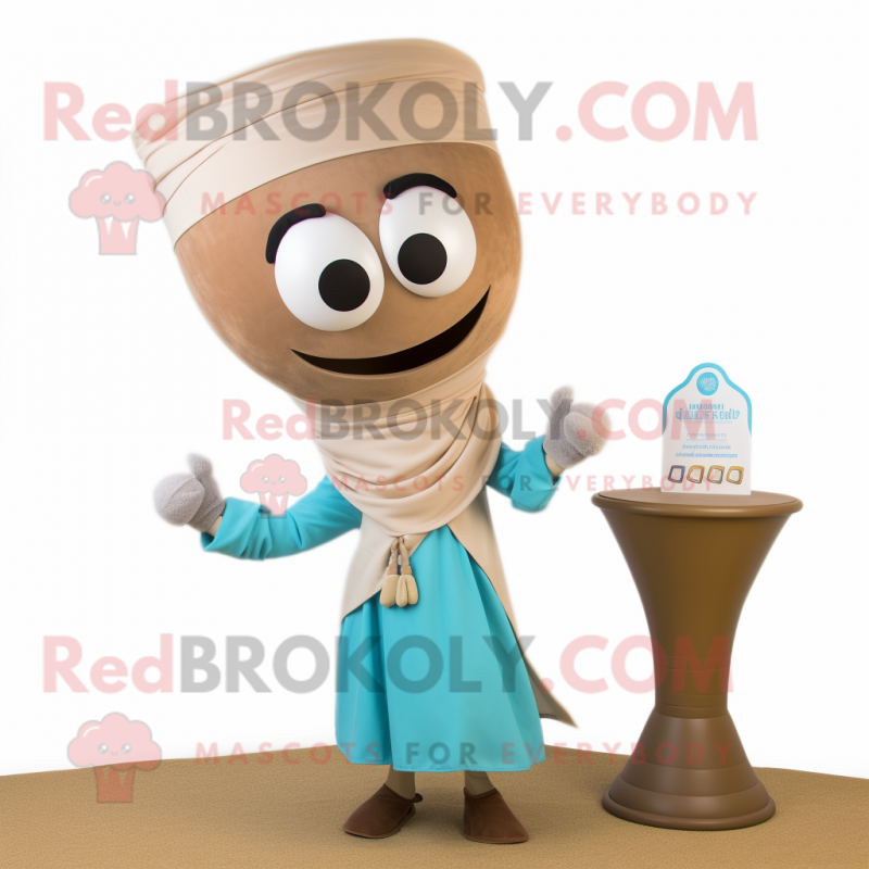 Tan Hourglass mascot costume character dressed with a Capri Pants and Shawl pins