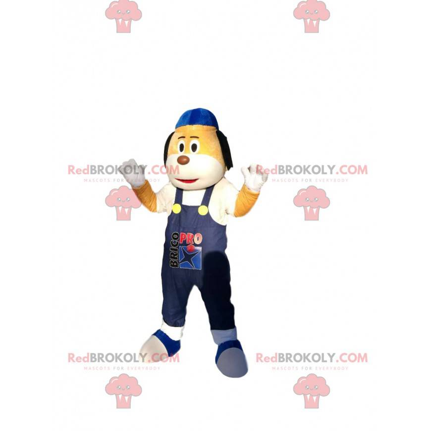 Mascot small yellow and white dog with blue overalls -