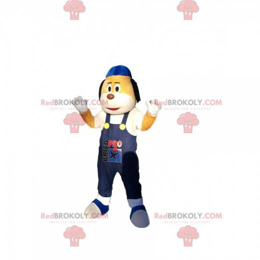 Mascot small yellow and white dog with blue overalls -