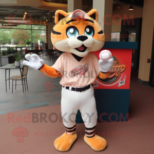 Peach Bobcat mascot costume character dressed with a Baseball Tee and Rings