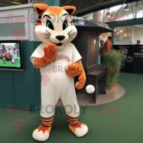 Peach Bobcat mascot costume character dressed with a Baseball Tee and Rings