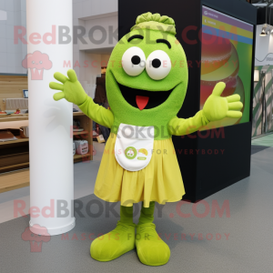 Lime Green Paella mascot costume character dressed with a A-Line Skirt and Mittens