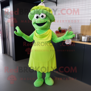 Lime Green Paella mascot costume character dressed with a A-Line Skirt and Mittens