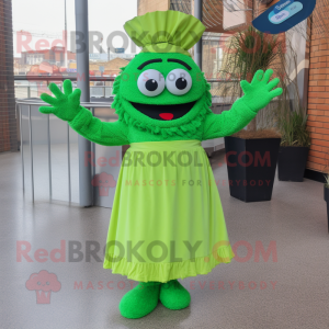 Lime Green Paella mascot costume character dressed with a A-Line Skirt and Mittens