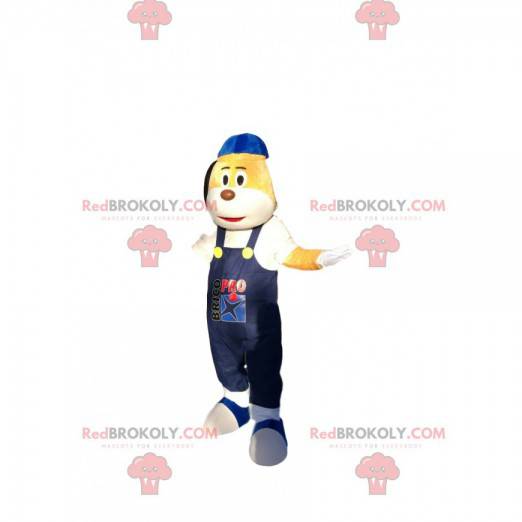 Mascot small yellow and white dog with blue overalls -