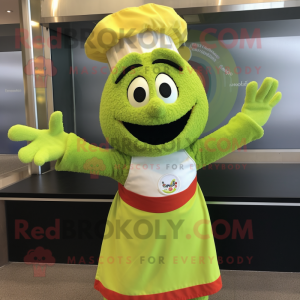 Lime Green Paella mascot costume character dressed with a A-Line Skirt and Mittens