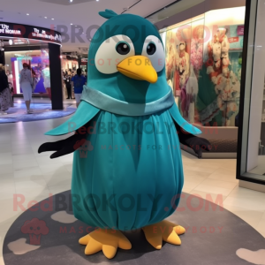 Teal Penguin mascot costume character dressed with a Empire Waist Dress and Foot pads