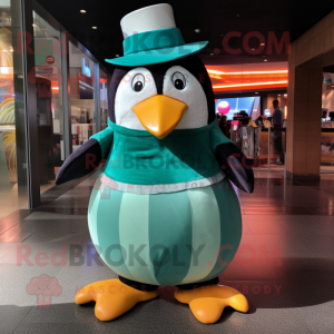 Teal Penguin mascot costume character dressed with a Empire Waist Dress and Foot pads
