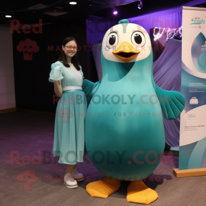 Teal Penguin mascot costume character dressed with a Empire Waist Dress and Foot pads