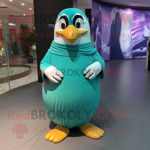 Teal Penguin mascot costume character dressed with a Empire Waist Dress and Foot pads