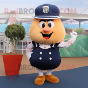 Navy Potato mascot costume character dressed with a Sheath Dress and Hats