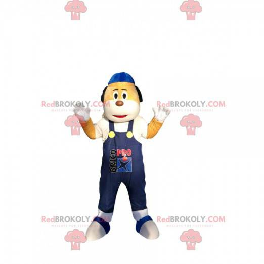 Mascot small yellow and white dog with blue overalls -