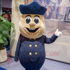 Navy Potato mascot costume character dressed with a Sheath Dress and Hats