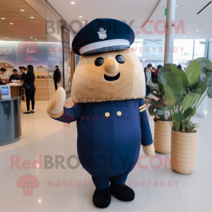 Navy Potato mascot costume character dressed with a Sheath Dress and Hats