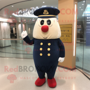 Navy Potato mascot costume character dressed with a Sheath Dress and Hats