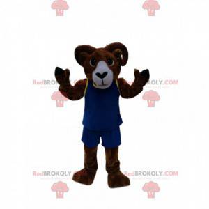 Mascota de carnero marrón con ropa deportiva azul -