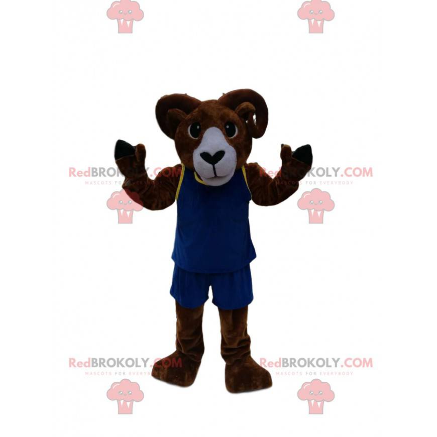 Brun ram maskot med blå sportsklær - Redbrokoly.com Brun ram maskot med blå sportsklær - Redbrokoly.com