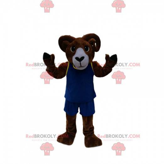 Mascote de carneiro marrom com roupa esportiva azul -