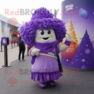 Purple Pop Corn mascot costume character dressed with a A-Line Dress and Backpacks