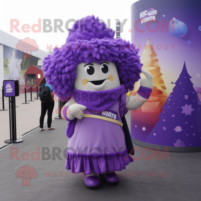 Purple Pop Corn mascot costume character dressed with a A-Line Dress and Backpacks Purple Pop Corn mascot costume character dressed with a A-Line Dress and Backpacks