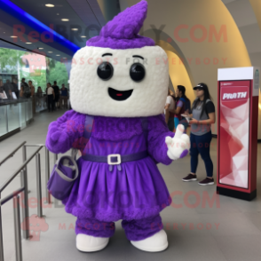 Purple Pop Corn mascot costume character dressed with a A-Line Dress and Backpacks