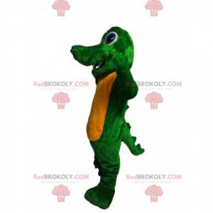 Mascotte de dragon vert et jaune avec de grands yeux bleus -