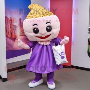 Purple Pop Corn mascot costume character dressed with a A-Line Dress and Backpacks