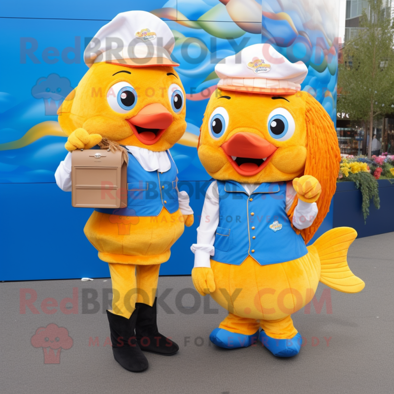 Gold Fish And Chips mascot costume character dressed with a Vest and Messenger bags