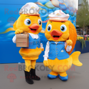 Gold Fish And Chips mascot costume character dressed with a Vest and Messenger bags