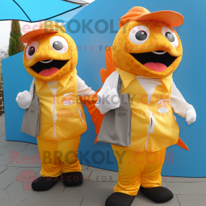 Gold Fish And Chips mascot costume character dressed with a Vest and Messenger bags