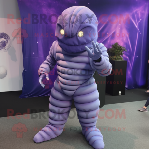 Lavender Trilobite mascot costume character dressed with a Jumpsuit and Foot pads