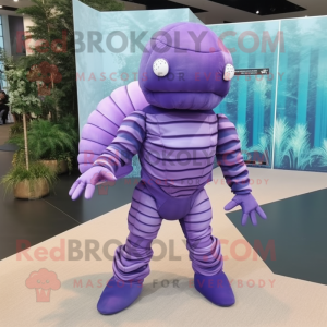 Lavender Trilobite mascot costume character dressed with a Jumpsuit and Foot pads